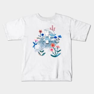 Bunny in the rain surrounded by flowers Kids T-Shirt
